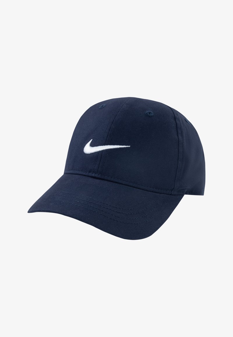 Cappellino da baseball blu navy in cotone, con logo Nike bianco ricamato sulla parte frontale, visiera curva e corona strutturata.