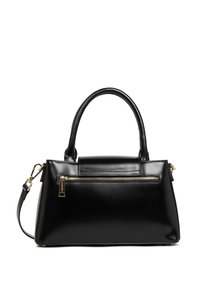 Borsa a mano in pelle nera con una forma strutturata. Presenta due manici superiori, una tracolla rimovibile e una tasca frontale con zip e hardware dorato.