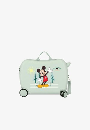 Maleta rodante infantil de color verde claro con diseño de Mickey Mouse, sol, árboles y texto "Podemos mover montañas."