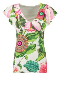 Top con estampado floral y mangas cortas con volantes. Presenta colores vibrantes en rosa y verde, adornos redondos y un diseño de escote en V. Con una forma semiajustada.