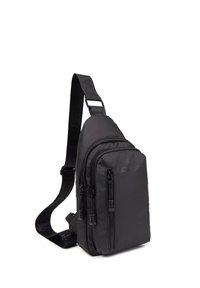Borsa a tracolla nera in nylon texturizzato con tre scomparti con zip e una tracolla regolabile. Design compatto e moderno.