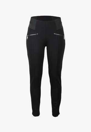 Schwarze Leggings mit einem figurbetonten Design, ausgestattet mit einem breiten, strukturierten Taillenbund und zwei Reißverschluss-Taschen an der Vorderseite. Glattes Material.