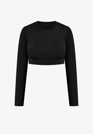 Crop top nero a maniche lunghe realizzato in tessuto liscio, con scollatura rotonda e design aderente. Presenta un piccolo etichetta decorativa sull'orlo.
