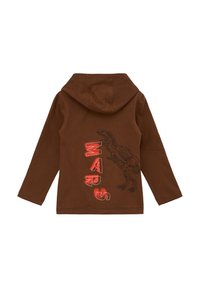 Bruine hoodie met lange mouwen, voorzien van een dino-grafiek en het woord "MARS" in vetrode letters op de achterkant. Gladde katoenstructuur.