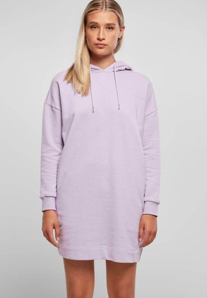 Ljuslila hoodieklänning med avslappnad passform, dragskohuva och ribbade ärmslut. Tillverkad av mjukt material med en jämn textur.