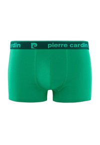Boxers en coton verts avec une taille élastique arborant "pierre cardin" en vert foncé contrastant. Texture lisse, design ajusté.