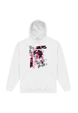 Hvid hættetrøje med et farverigt grafisk motiv med et ansigt og ordet "pretty" i pink og sort, præsenteret tydeligt på forsiden.