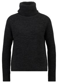 Suéter negro de punto con un alto cuello, que presenta un patrón texturizado y mangas largas raglán. La tela parece gruesa y acogedora.