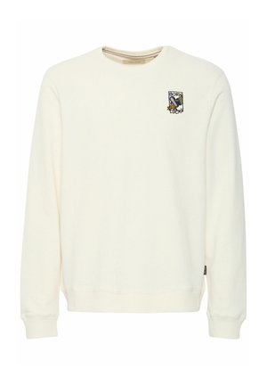 Crème-kleurige sweatshirt met een ronde hals, lange mouwen, geribbelde manchetten en een klein geborduurd graphic met een vogel en tekst op de borst.