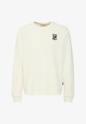 Cream-colored sweatshirt with a round neck, long sleeves, ribbed cuffs, and a small embroidered graphic featuring a bird and text on the chest.