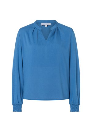 Blaue Langarmbluse mit V-Ausschnitt, ausgestattet mit Falten am Kragen und gerafften Manschetten. Hergestellt aus weichem, glattem Stoff mit leichtem Glanz.