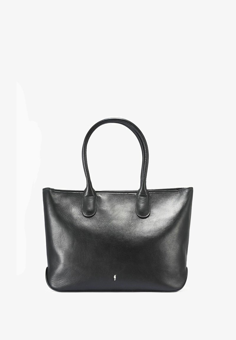Czarna skórzana torba tote o gładkiej fakturze, z dwoma okrągłymi uchwytami i minimalistycznym designem. Posiada małe logo na dolnym środku.