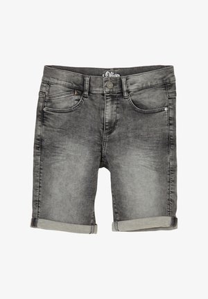 Szare szorty dżinsowe z efektem sprania, z podwiniętymi mankietami, projektem z pięcioma kieszeniami oraz zapięciem na guziki.