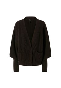 Tamno smeđi rebrasti kardigan s V-izrezom, spuštenim ramenima, dvije prednje džepove i jednim kopčanjem na dugme. Mekani pleteni materijal.
