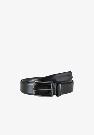 Black leather belt rolled with silver rectangular metal buckle on white background.
