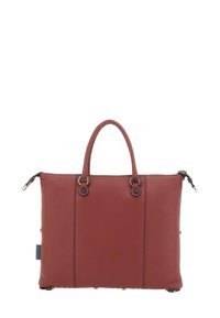 Borsa in pelle rossa con texture, dotata di doppi manici superiori, chiusura con zip e dettagli in metallo. Forma rettangolare con cuciture evidenti.
