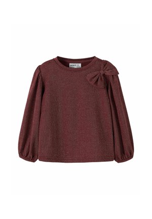 Burgunderfarbendes Langarmshirt mit Rundhalsausschnitt, strukturiertem Stoff und einer Schleifen-Akzent auf der linken Schulter. Puffärmel erzeugen einen gerafften Effekt.