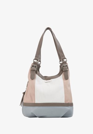 Bolso de cuero con secciones en rosa, blanco y gris. Presenta una forma redondeada, correas dobles y detalles de herrajes plateados.