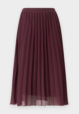 Jupe midi plissée en bordeaux profond avec une taille élastique et une doublure intérieure transparente.