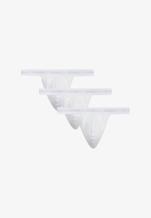 Białe bawełniane męskie slipy o gładkiej fakturze, z szerokim elastycznym paskiem oznaczonym napisem "ATLANTIC", prezentowane w zestawie trzech sztuk.