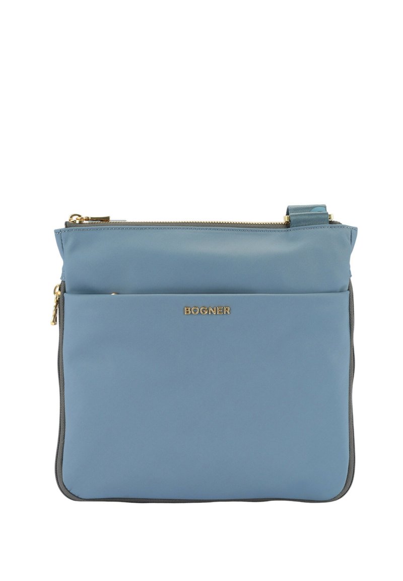 Borsa a tracolla sintetica blu con hardware dorato, chiusura con zip, tasca frontale e tracolla regolabile. Logo del marchio impresso sulla parte anteriore.