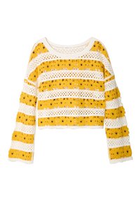 Haut court en crochet avec des rayures jaunes et blanches alternées, des motifs floraux et des manches évasées avec une finition en dentelle texturée.