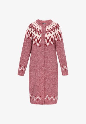 Pikk, nööpidega, kudumisega kardigan roosa ja valge värviga, millel on sammsammu ja geomeetrilised mustrid õlgadel, varrukaotstes ja hemil.