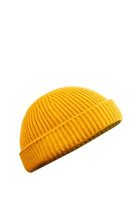 Yellow knitted beanie with a ribbed texture. The brim is folded, showcasing a smooth finish on the inside.