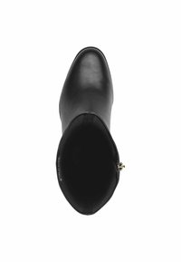 Black leather ankle boot with a rounded toe, smooth texture, and a small gold accent on the zipper. Interior is lined in black.