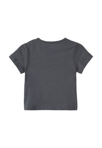 Graues T-Shirt mit kurzen Ärmeln und Rundhalsausschnitt sowie einer glatten, dezenten Textur. Die Rückseite zeigt ein einfaches Design ohne Muster oder Verzierungen.
