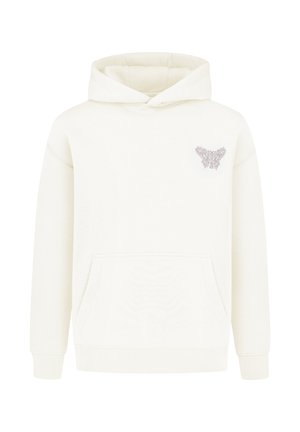Kremowa bluza z kapturem wykonana z miękkiego materiału, z kieszenią typu kangur i ściągaczami przy rękawach, ozdobiona haftowanym kwiatowym wzorem na piersi.