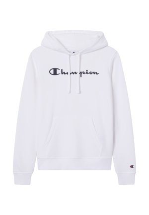 Biała bluza z kapturem z kieszenią kangurka, z granatowym logo "Champion" na przodzie i ściągaczami na mankietach. Miękka w dotyku tkanina.