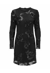 Czarna sukienka z długim rękawem ozdobiona haftowanymi kwiatowymi wzorami. Posiada okrągły dekolt oraz przezroczystą, teksturowaną tkaninę z wypukłymi zdobieniami.