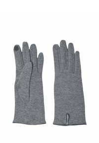 Guanti grigi a maglia realizzati in morbido tessuto; presentano cinque dita con una punta compatibile con il touchscreen; texture liscia e design aderente.