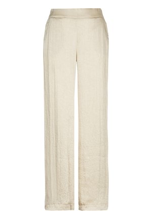 Roomkleurige wijde broek met subtiele textuur en een elastische tailleband, getoond tegen een witte achtergrond.