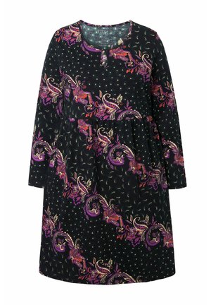 Black fabric dress featuring a floral paisley pattern in purple, pink, and gold, with a round neck and long sleeves.