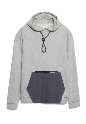 Lichtgrijze hoodie met verstelbare zwarte koord, voorzien van een grote, donkergrijze buidelzak aan de voorkant en een contrasterende groene binnenkraag.