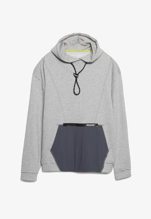 Lichtgrijze hoodie met verstelbare zwarte koord, voorzien van een grote, donkergrijze buidelzak aan de voorkant en een contrasterende groene binnenkraag.