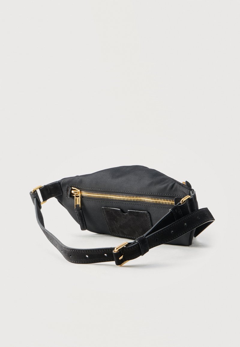 Black leather waist bag with gold zipper, adjustable strap, and small front pocket against a plain background.