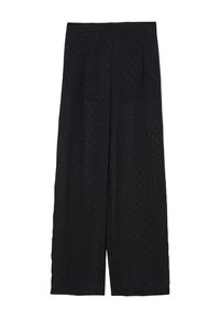 Pantaloni neri a gamba larga realizzati in tessuto testurizzato con un delicato motivo a righe verticali. Le pieghe frontali aggiungono struttura.