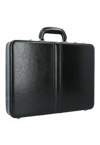 Black leather briefcase with a textured finish, featuring a top handle and metal clasps, smooth sides, and a sleek rectangular shape.