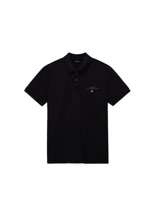 Black short-sleeve polo shirt with collar, two-button placket, and small Norwegian flag logo with text on the left chest.