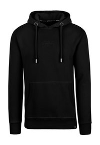Zwarte hoodie van zachte stof, met een voorzak, trekkoorden en een reliëflogo op de borst. Ribgebreide manchetten en zoom.