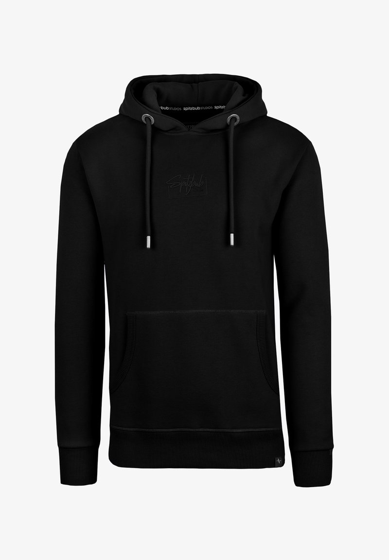 Schwarzer Hoodie aus weichem Stoff, mit einer Fronttasche, Kordelzügen und einem geprägten Logo auf der Brust. Gerippte Bündchen und Saum.