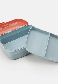 Zila plastmasas pusdienu kaste ar sarkaniem vākiem, ar sadalītu iekšpusi un gludu tekstūru. Ar eņģēm atverama, lai viegli piekļūtu.