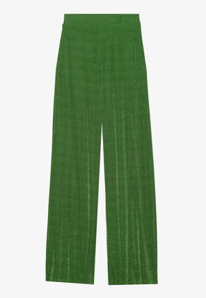 Green wide-leg trousers made of textured fabric, featuring a high waistband and vertical stripes for a flowing silhouette.