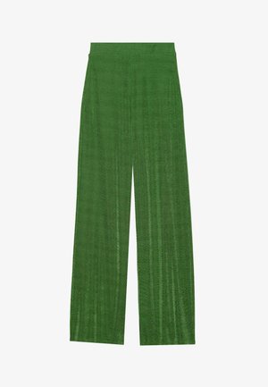 Green wide-leg trousers made of textured fabric, featuring a high waistband and vertical stripes for a flowing silhouette.