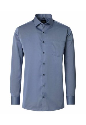 Men's long-sleeve blue dress shirt with button-down front, stiff collar, single chest pocket, and buttoned cuffs.