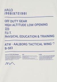 Weißer Stoff mit blauer Schrift. Der Inhalt umfasst "HALO", "FREIZEITGEMEINKARTE", Trainingsdetails sowie Informationen über Flugzeuge und Fallschirmmethoden.