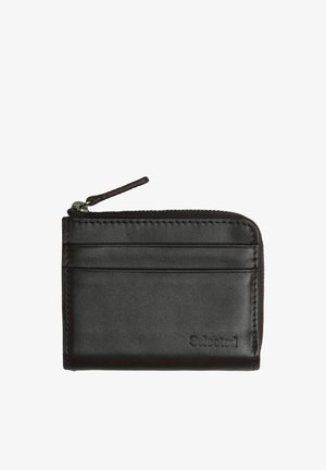 Portofel negru din piele cu fermoar, cu mai multe sloturi pentru carduri și logo "Selected" embossat în colțul din față.